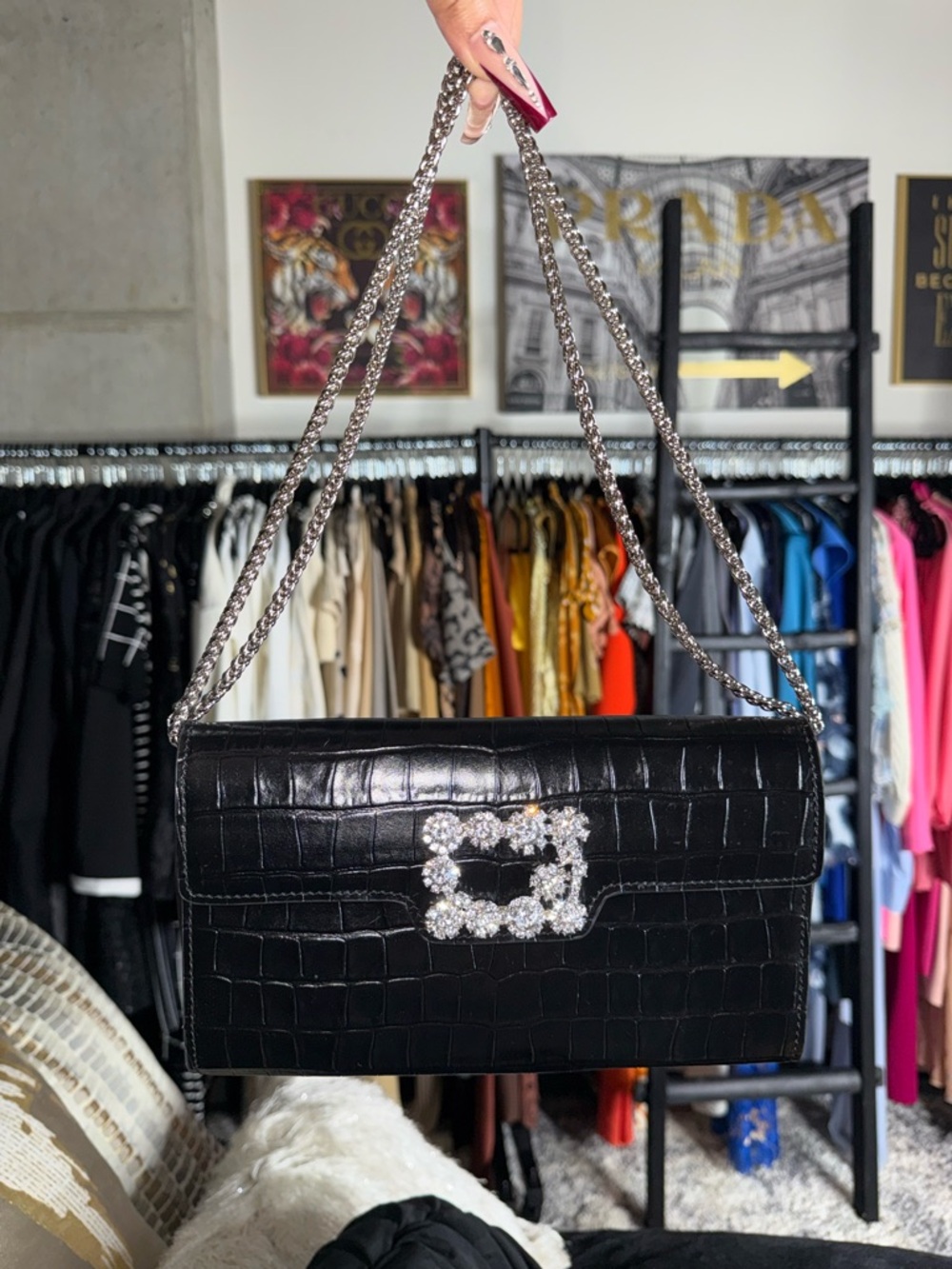 Tiffany & Fred Paris Black Faux Croc Embossed Leather Clutch Chain Strap Silver